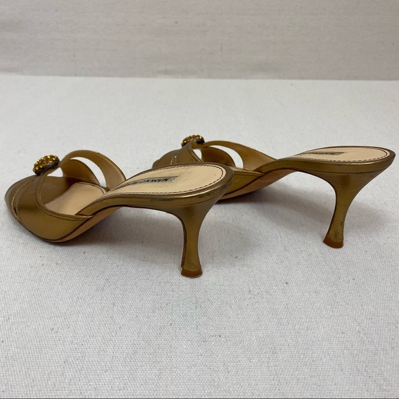 Manolo Blahnik Gold Leather Embellished Slide Sandals - Picture 3 of 8